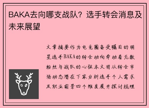 BAKA去向哪支战队？选手转会消息及未来展望