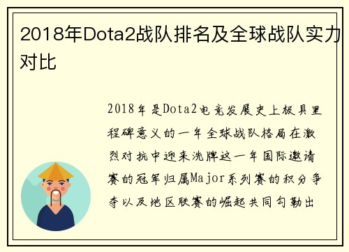2018年Dota2战队排名及全球战队实力对比