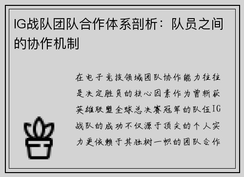 IG战队团队合作体系剖析：队员之间的协作机制