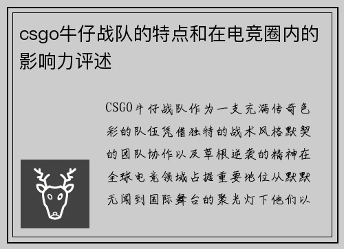 csgo牛仔战队的特点和在电竞圈内的影响力评述