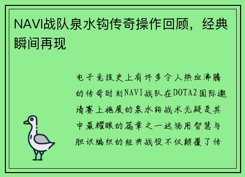 NAVI战队泉水钩传奇操作回顾，经典瞬间再现